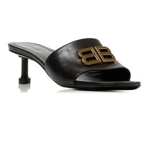 Balenciaga Groupie Leather Sandals-Black with Gold Monograms. Size 7.5